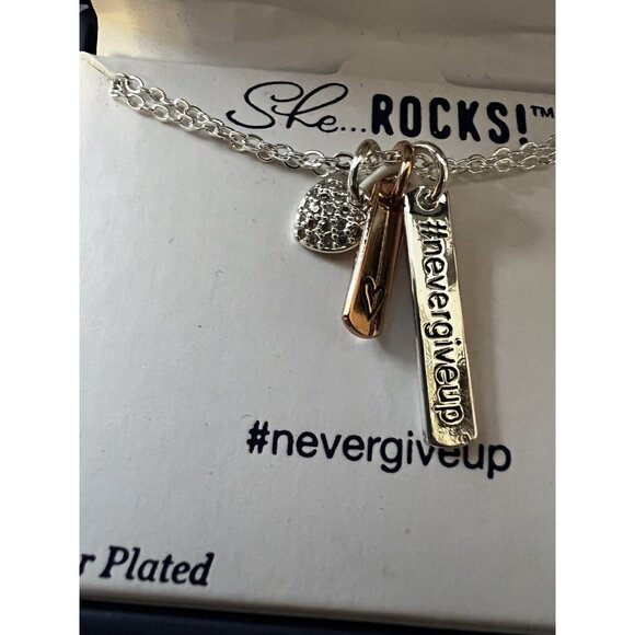 Belk Silverworks Silver Plated Necklace She Rocks! NEVER GIVE UP Pendants -NEW - Picture 2 of 6